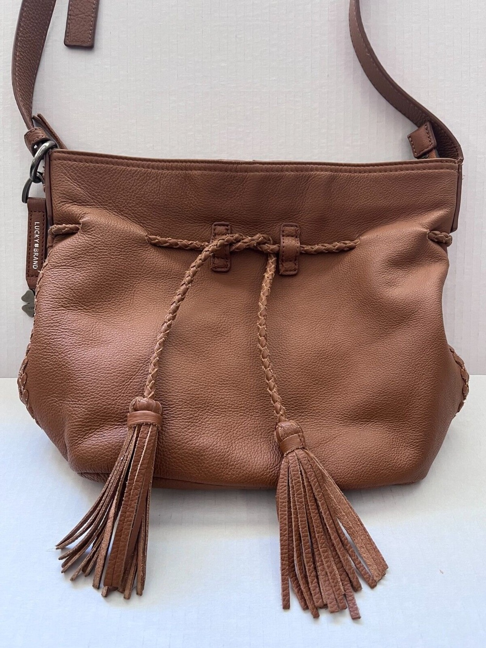 Lucky Brand Saddle Brown Leather Drawstring Bucket Bag Handbag